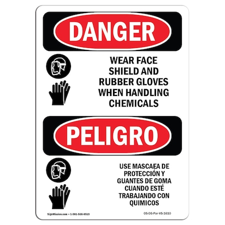 Signmission OSHA Sign, Wear Face Shield Rubber Gloves Bilingual, 18in X 12in Decal, 12" W, 18" H, Spanish OS-DS-D-1218-VS-1610